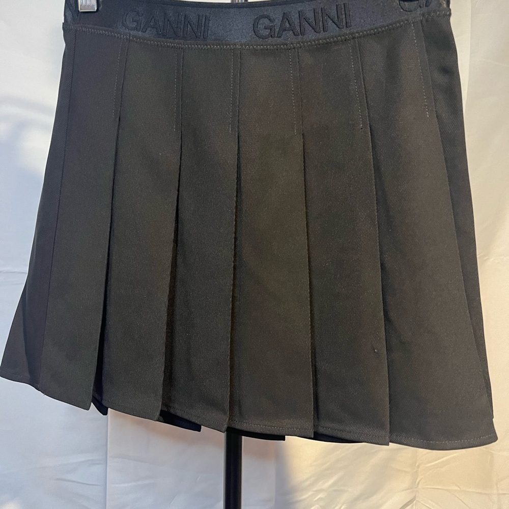 Ganni elasticated waistband light twill Pleated Mini Black Skirt Sz 32 - Picture 10 of 11